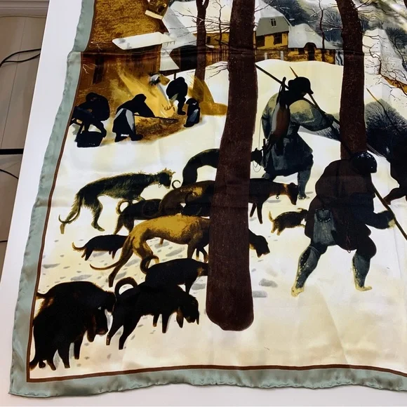 Silk Scarf Pieter Bruegel Hunters In The Snow Square Nature Winter Handmade Read - Picture 4 of 12